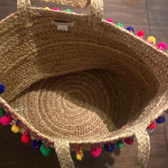 Shiraleah Woven Jute Tote with Colorful Pom Poms - Picture 2 of 6